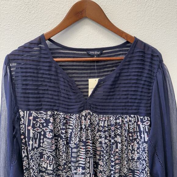Lucky Brand Blouse Top Womens Plus Size 3X Blue Print Western Boho Peasant NWT - Picture 2 of 9